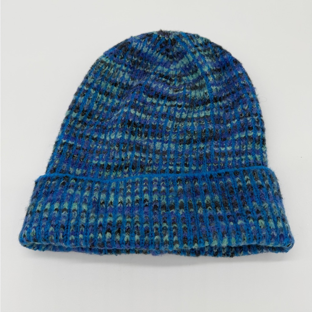 Free People Blue Knit Beanie Hat Ribbed Cuffed Winter
